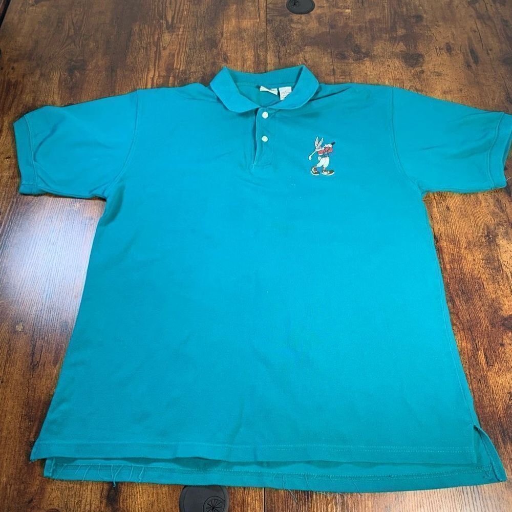 Looney Tunes Bugs Bunny Acme Clothing Co Golfing Teal Polo Shirt Vintage Large